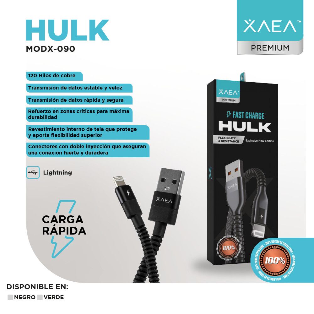 CABLE USB MODX-090 HULK LIGHTNING - XAEA - VERDE - Imagen 4